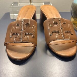 Tory Burch Tan Mules with Logo Detail